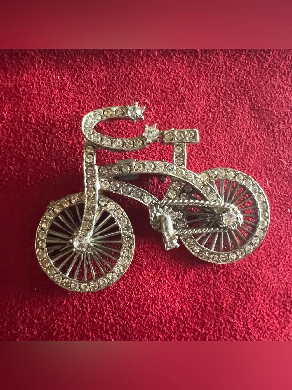 Vintage Brooch Pin Silver Bicycle Rhinestone Whimsical Bike